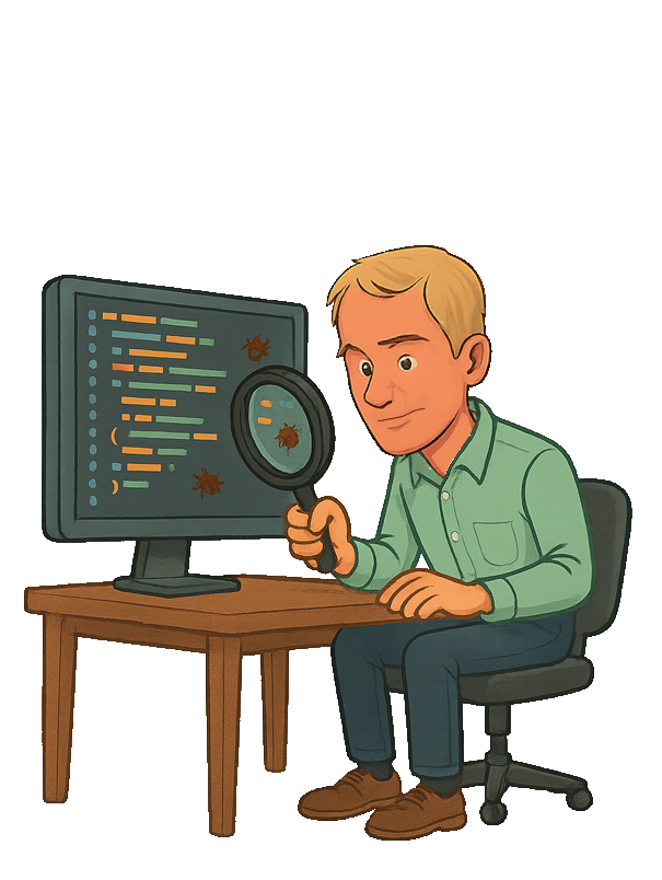 elliottprogrammer cartoon at desk debugging on computer.